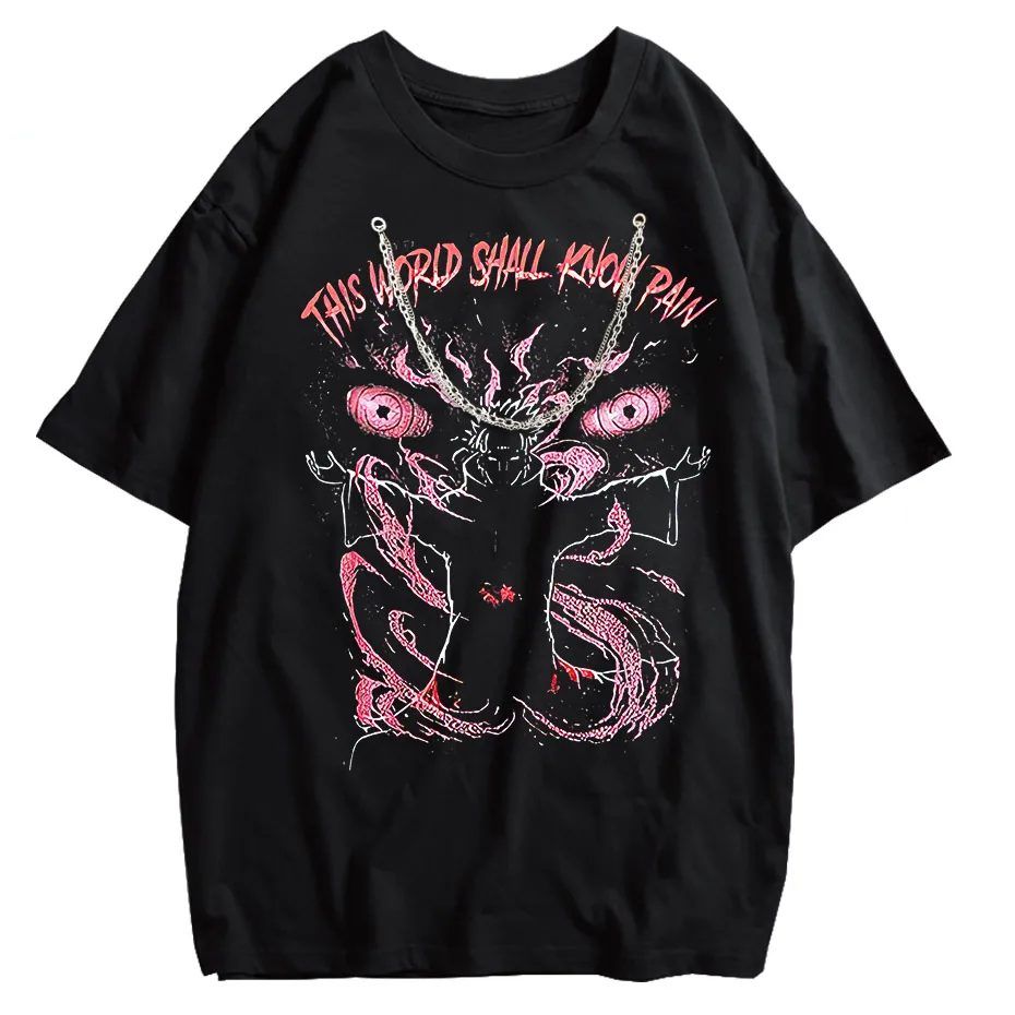 Anime Pain Print Vintage Washed T-Shirt 100% Cotton Harajuku Streetwear-2