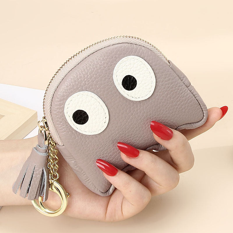 Leather Mini Creative Cartoon Zipper Coin Pouch Ins Cute Keychain Hard Coin Genuine Leather Wallet for Women
