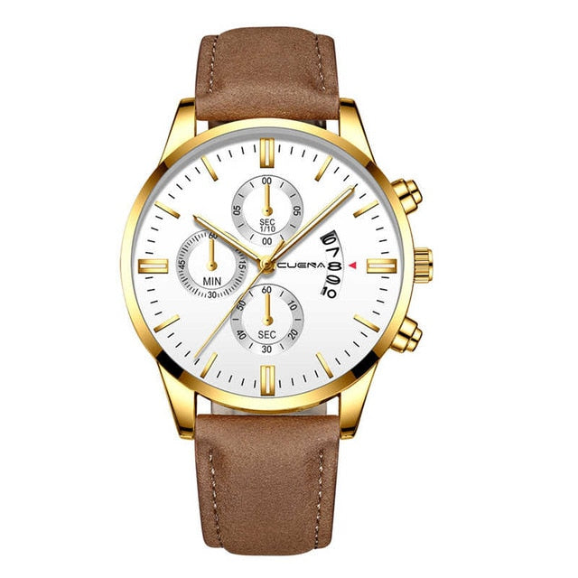 CUENA Fashion Men's Stainless Steel Watch Leather Band Analog Quartz Wrist Watch