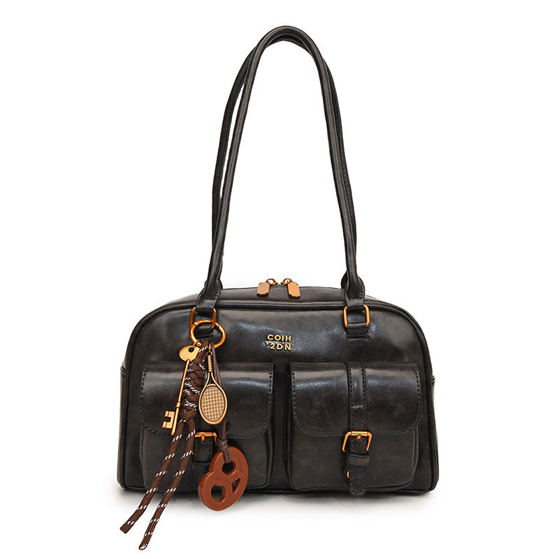 Korean-style Retro Shoulder Bag Fashion Trendy Casual Boston Bag Stylish Bowling Bag