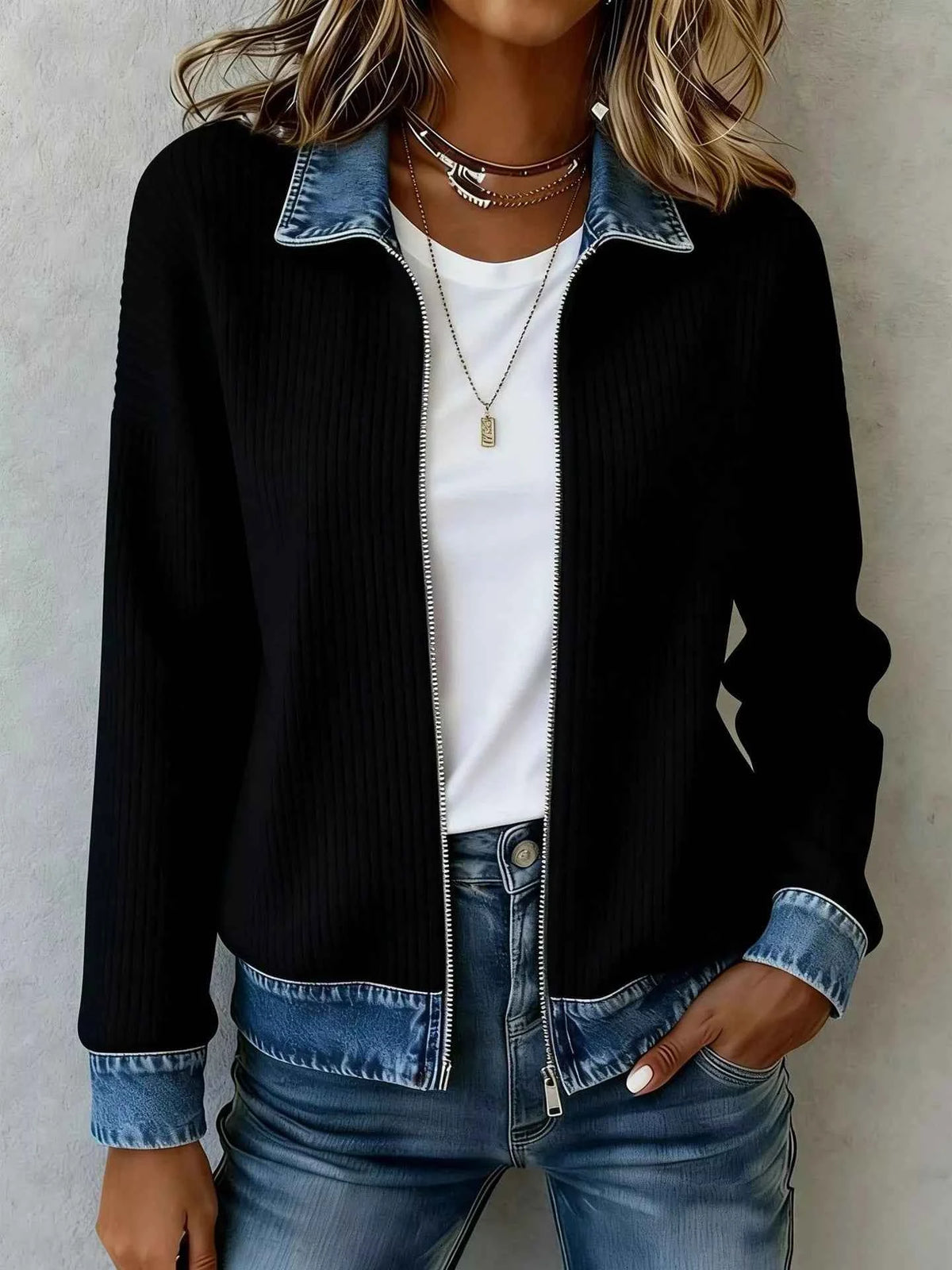 Contrast Denim Collar Ribbed Knit Jacket