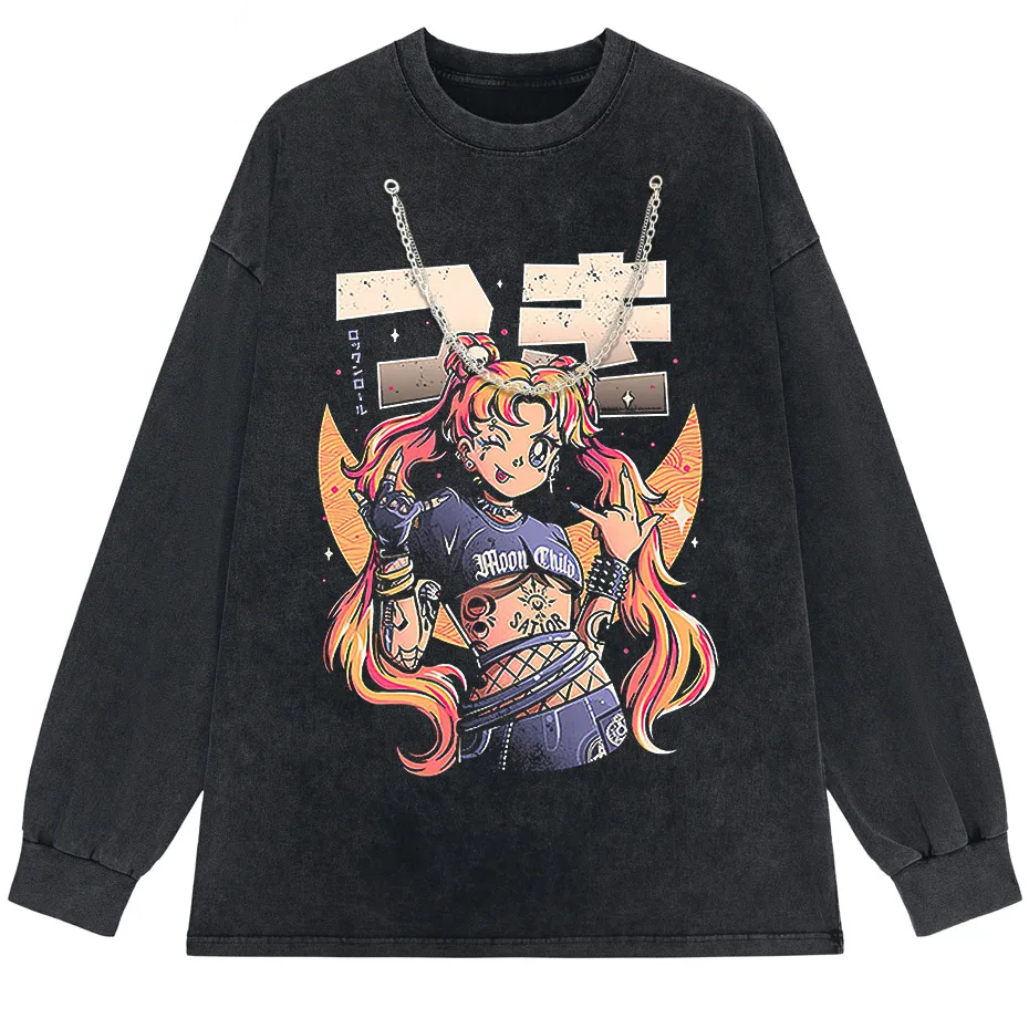 Men's Retro Anime Girl Graphic T-Shirt Cotton Oversized Vintage Tee-8