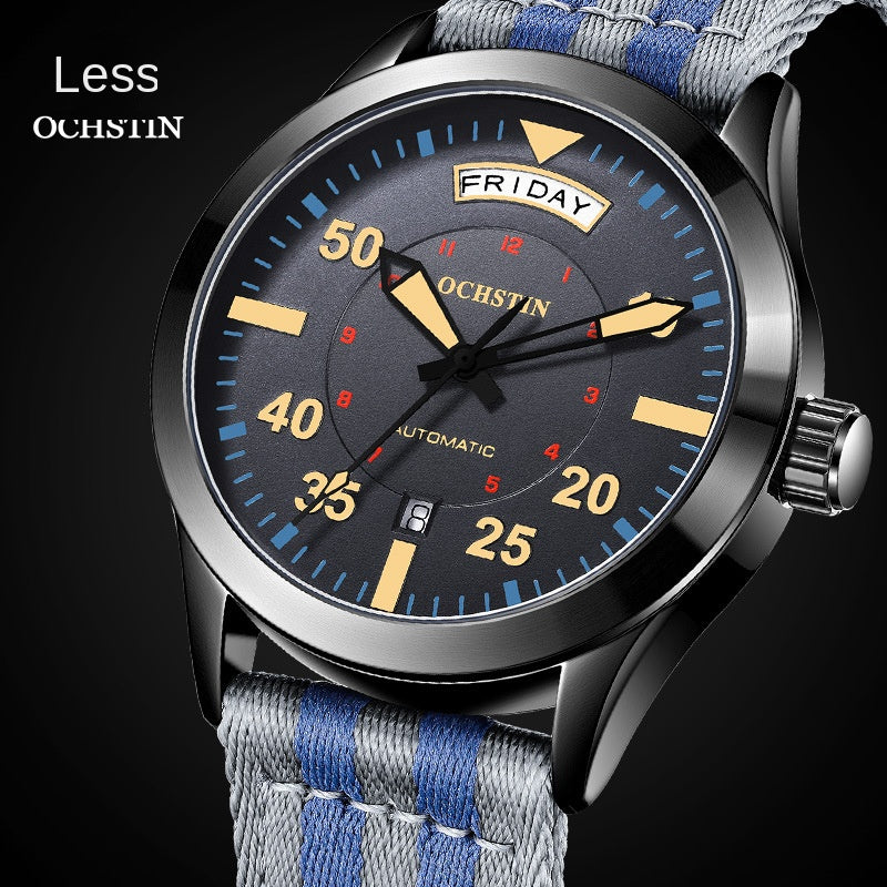 Swiss Brand Master Series Automatic Mechanical Watch with Dual Date, Water-Resistant, Luminous Business Men's Watch with Nylon Strap