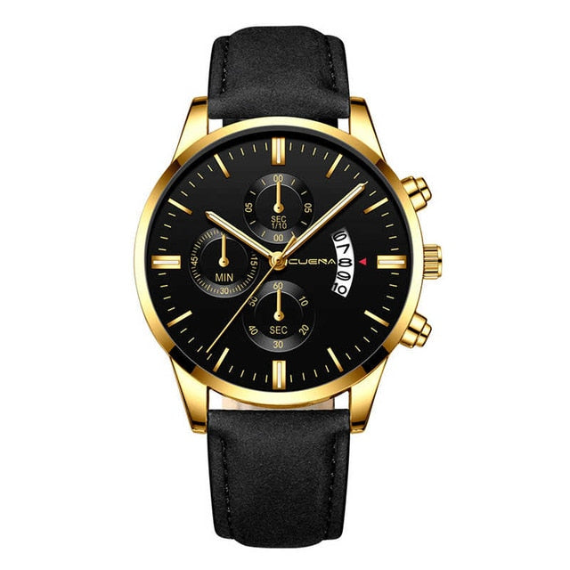 CUENA Fashion Men's Stainless Steel Watch Leather Band Analog Quartz Wrist Watch