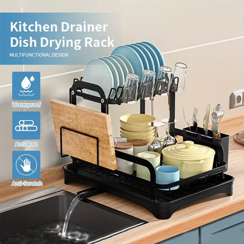 2-Tier Dish Drying Rack – Space-Saving Countertop Plate Organizer with Drain Tray, Kitchen Storage & Drainer