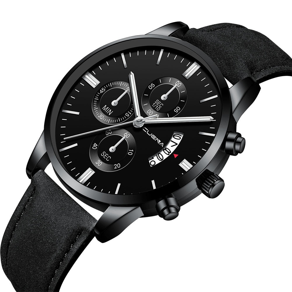 CUENA Fashion Men's Stainless Steel Watch Leather Band Analog Quartz Wrist Watch
