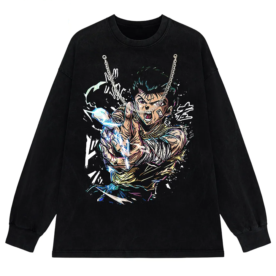 Hip Hop Vintage Washed T-Shirt Men Japanese Anime Boy Graphic Harajuku Streetwear Cotton Summer Tee-6