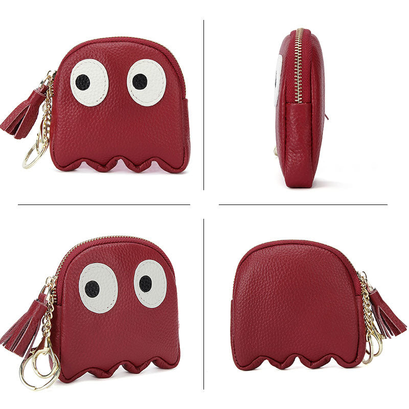 Leather Mini Creative Cartoon Zipper Coin Pouch Ins Cute Keychain Hard Coin Genuine Leather Wallet for Women