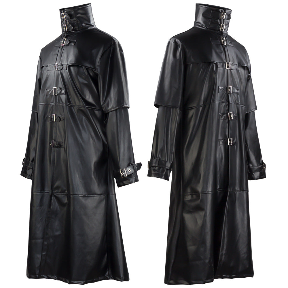 Plague Doctor Cosplay Costume Medieval Retro Fitted Button-Down Long PU Leather Jacket for Men Halloween