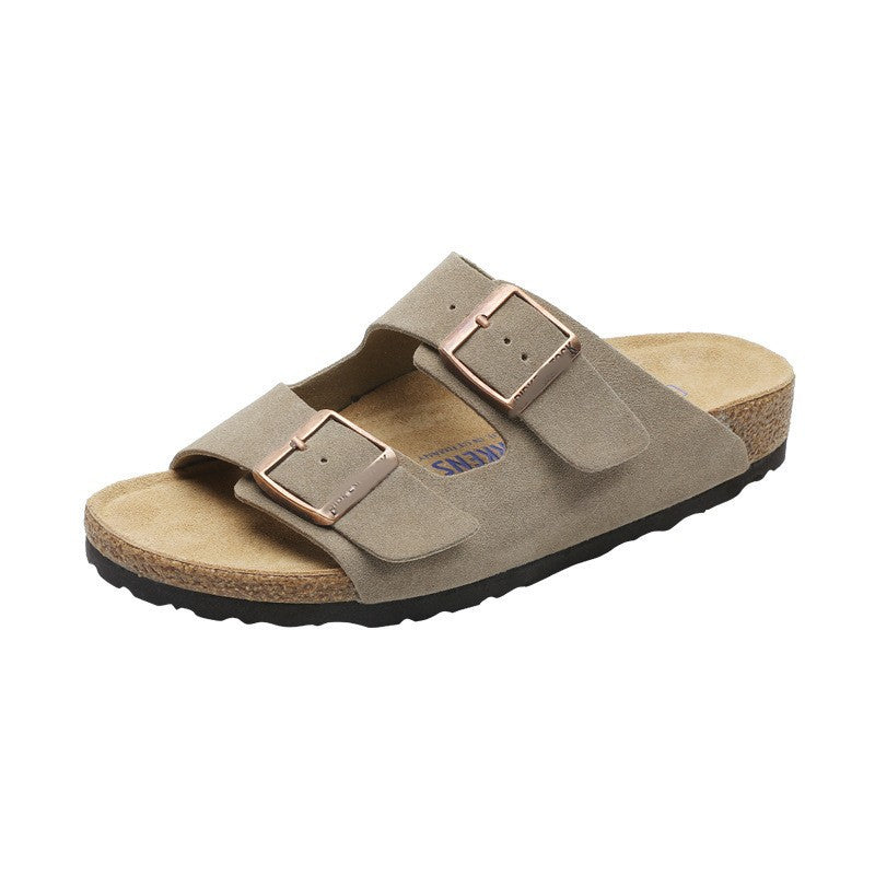 Leather flat bottomed Buchen slippers for women's doubles with button up two character slippers