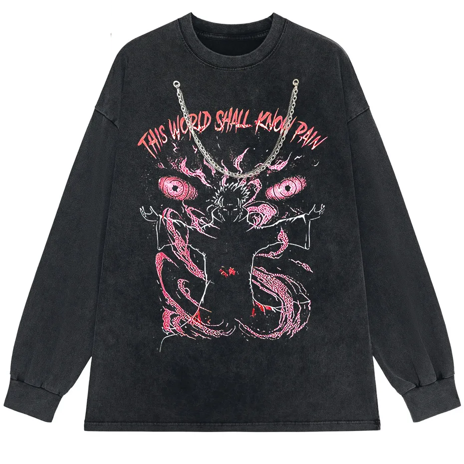 Anime Pain Print Vintage Washed T-Shirt 100% Cotton Harajuku Streetwear-5