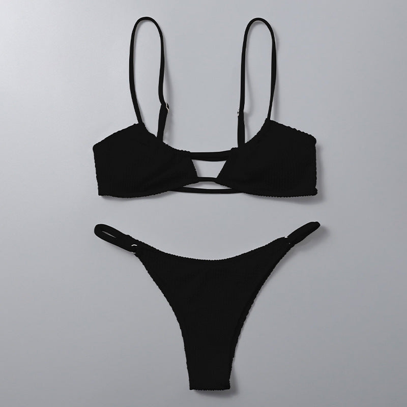 Sexy Solid Color Strappy Bikini Set with Thong Bottom for Women