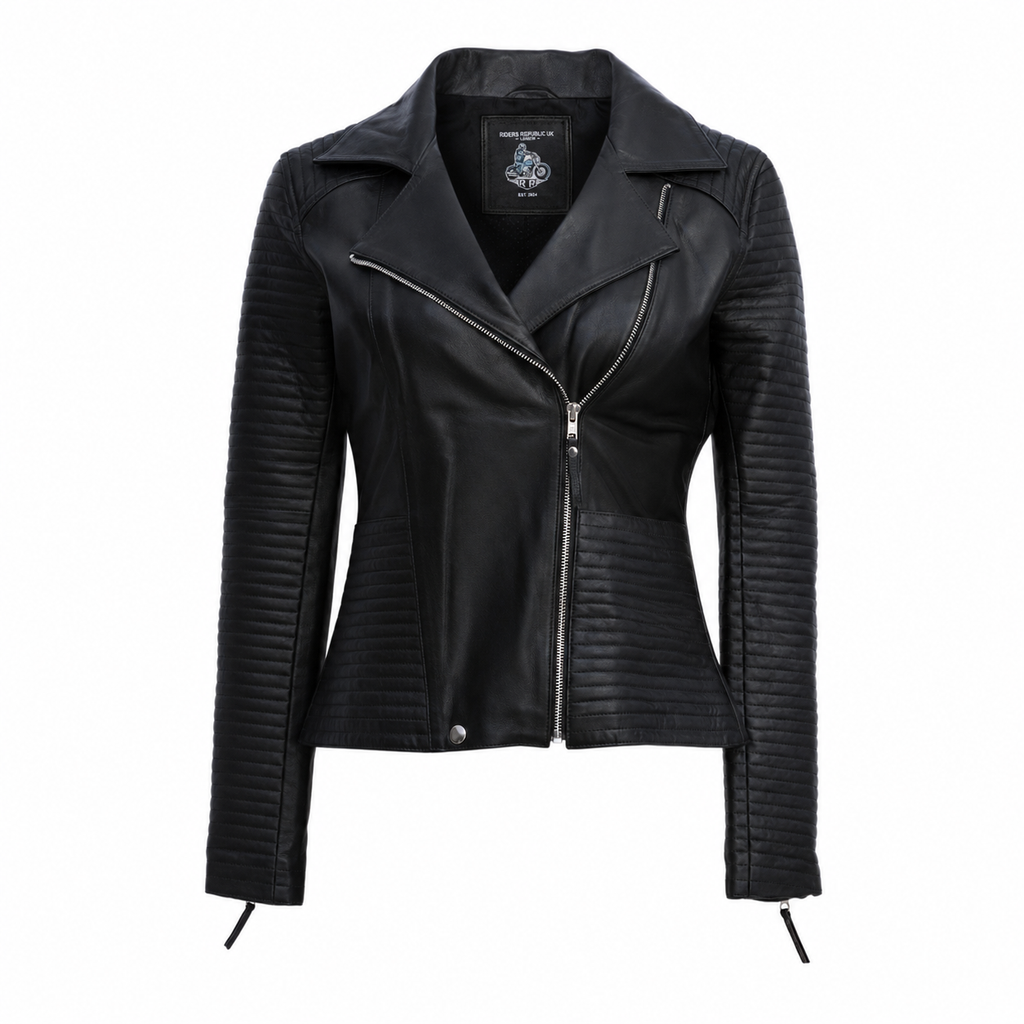 Women’s Black Zipper Biker Jacket with Lip Collar Leather