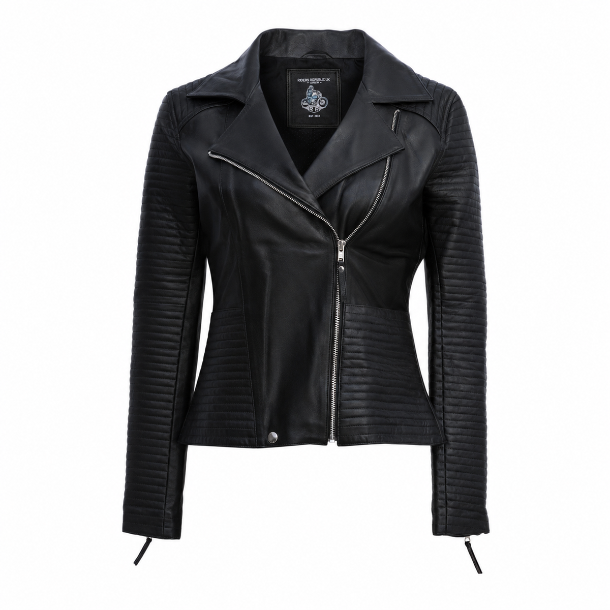 Women’s Black Zipper Biker Jacket with Lip Collar Leather
