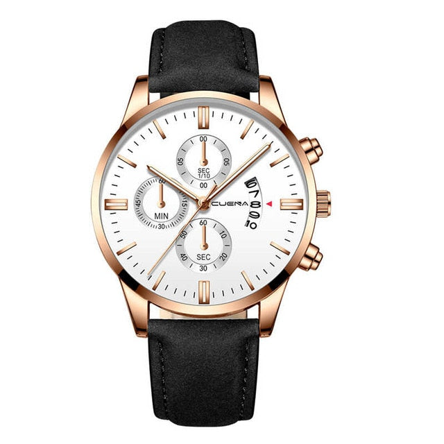 CUENA Fashion Men's Stainless Steel Watch Leather Band Analog Quartz Wrist Watch