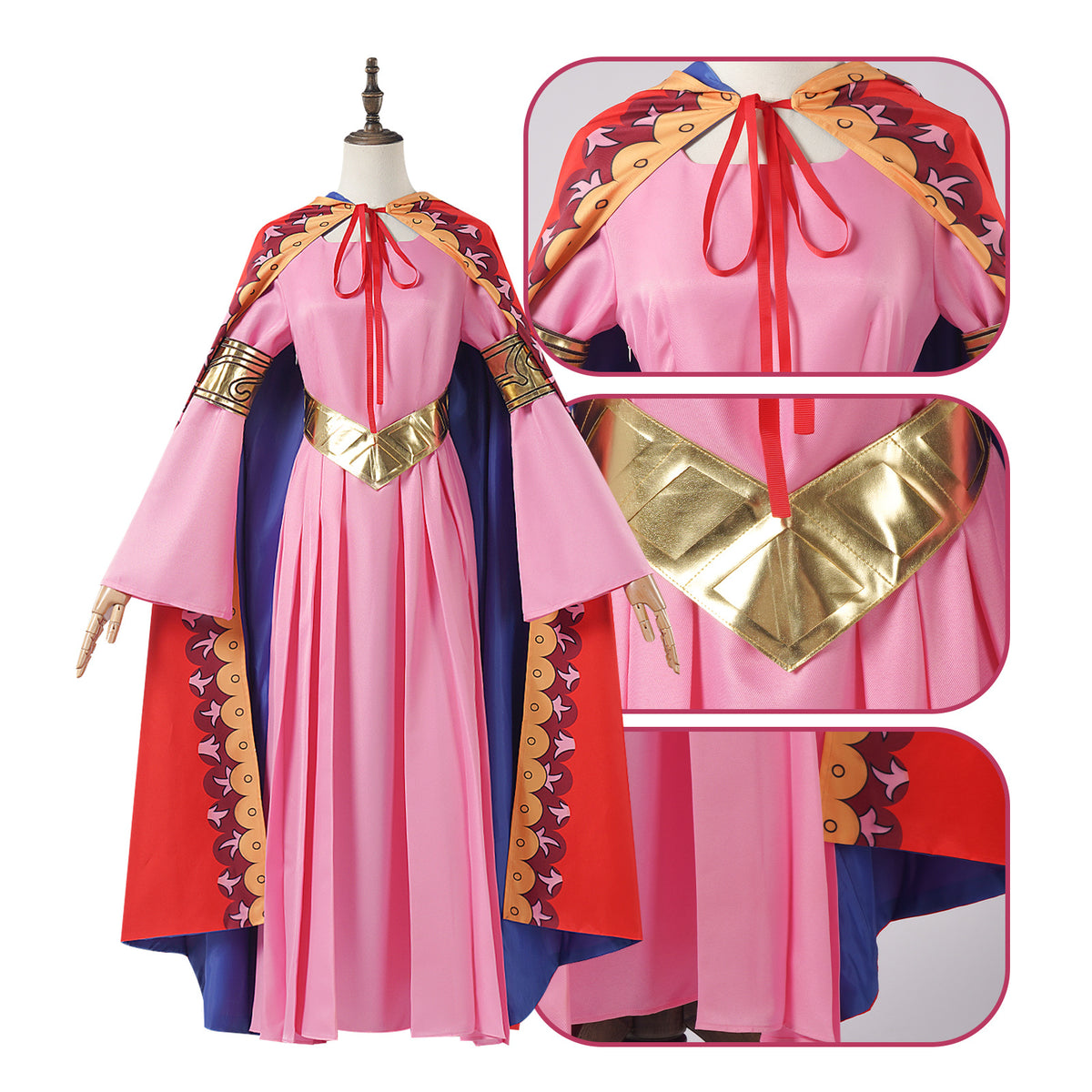 One Piece Cosplay Princess Vivi Pink Dress with Red and Blue Cape Costume Role Play Stage Performance Outfit
