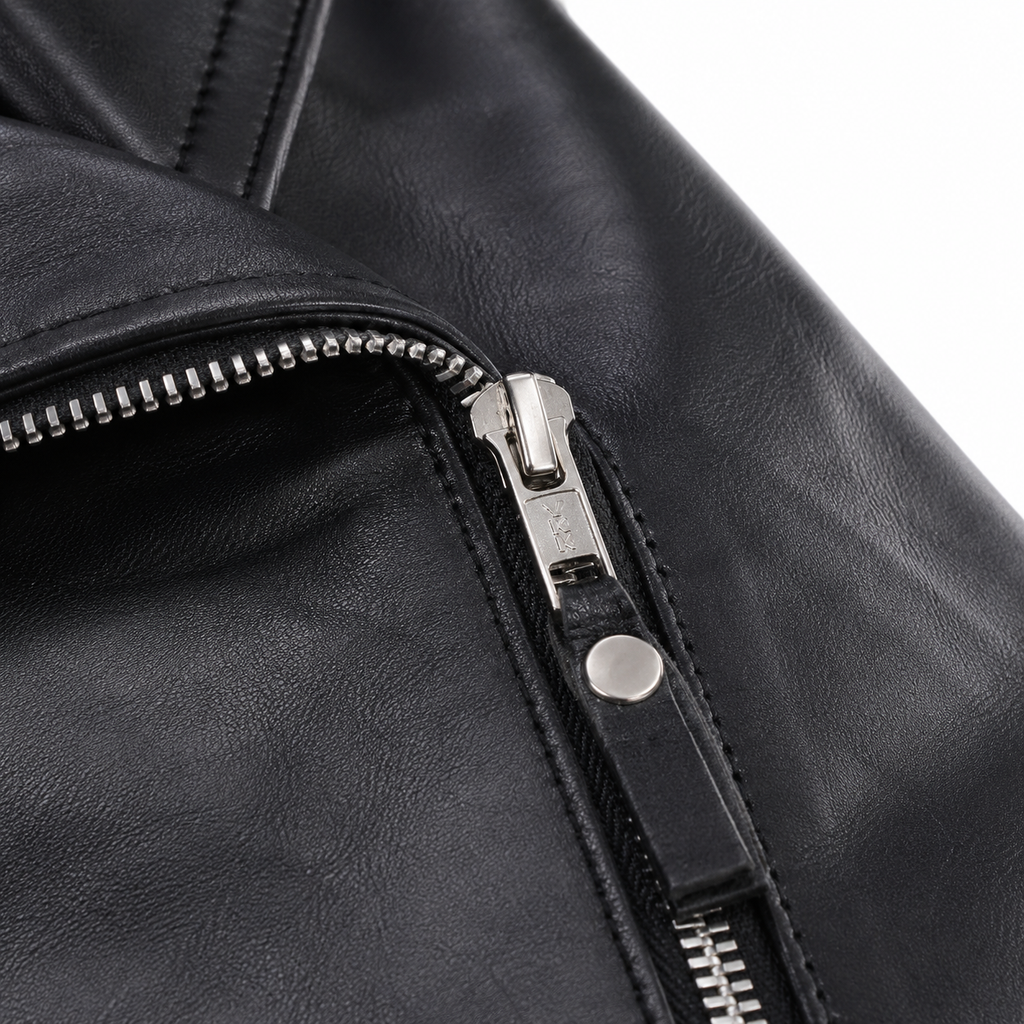 Women’s Black Zipper Biker Jacket with Lip Collar Leather