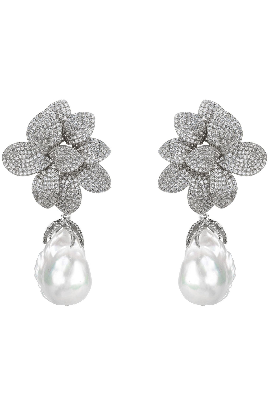 Amaryllis Flower Baroque Pearl Drop Earrings White Silver