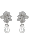 Amaryllis Flower Baroque Pearl Drop Earrings White Silver
