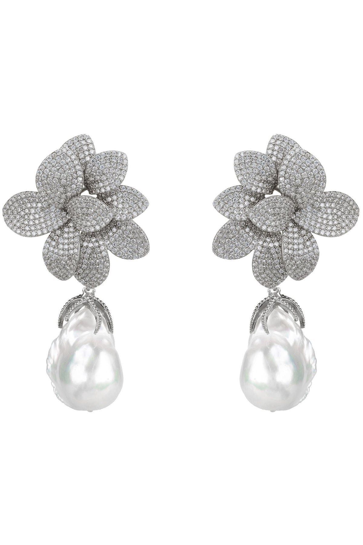 Amaryllis Flower Baroque Pearl Drop Earrings White Silver