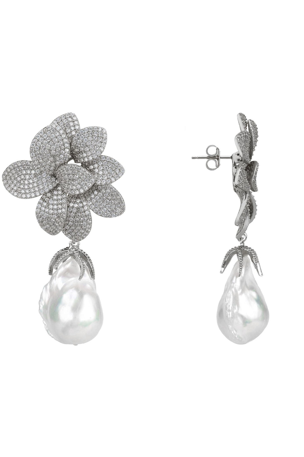 Amaryllis Flower Baroque Pearl Drop Earrings White Silver