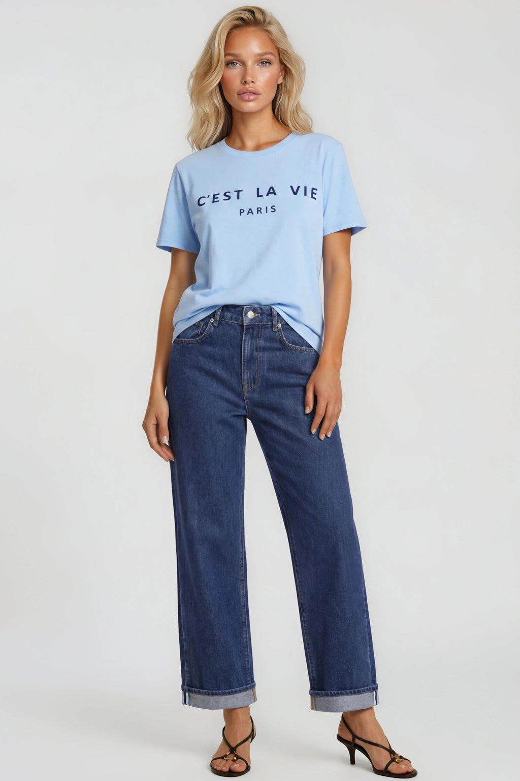 Light Blue C'est La Vie Short Sleeve Regular Fit T Shirt-1