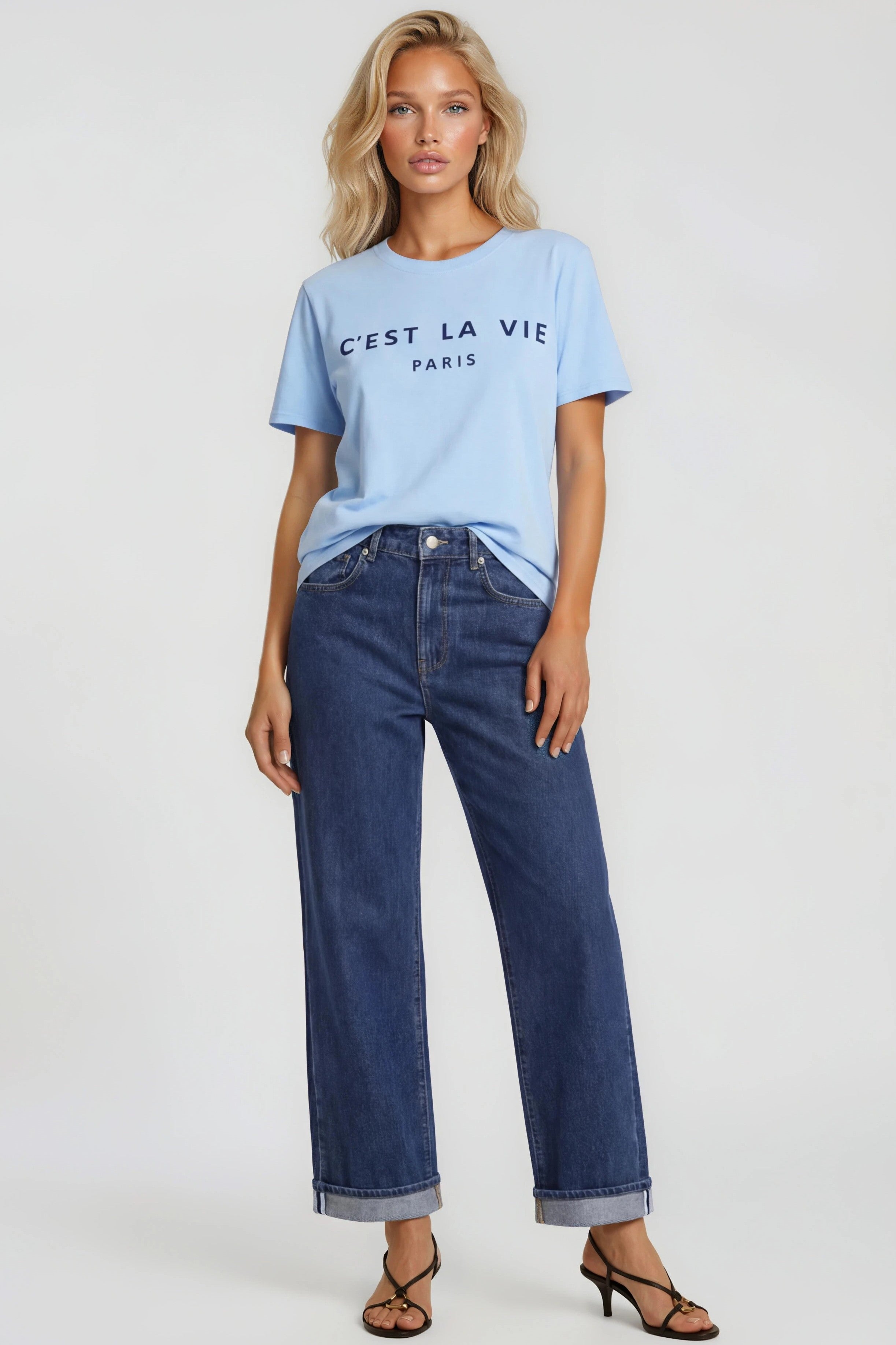 Light Blue C'est La Vie Short Sleeve Regular Fit T Shirt-1