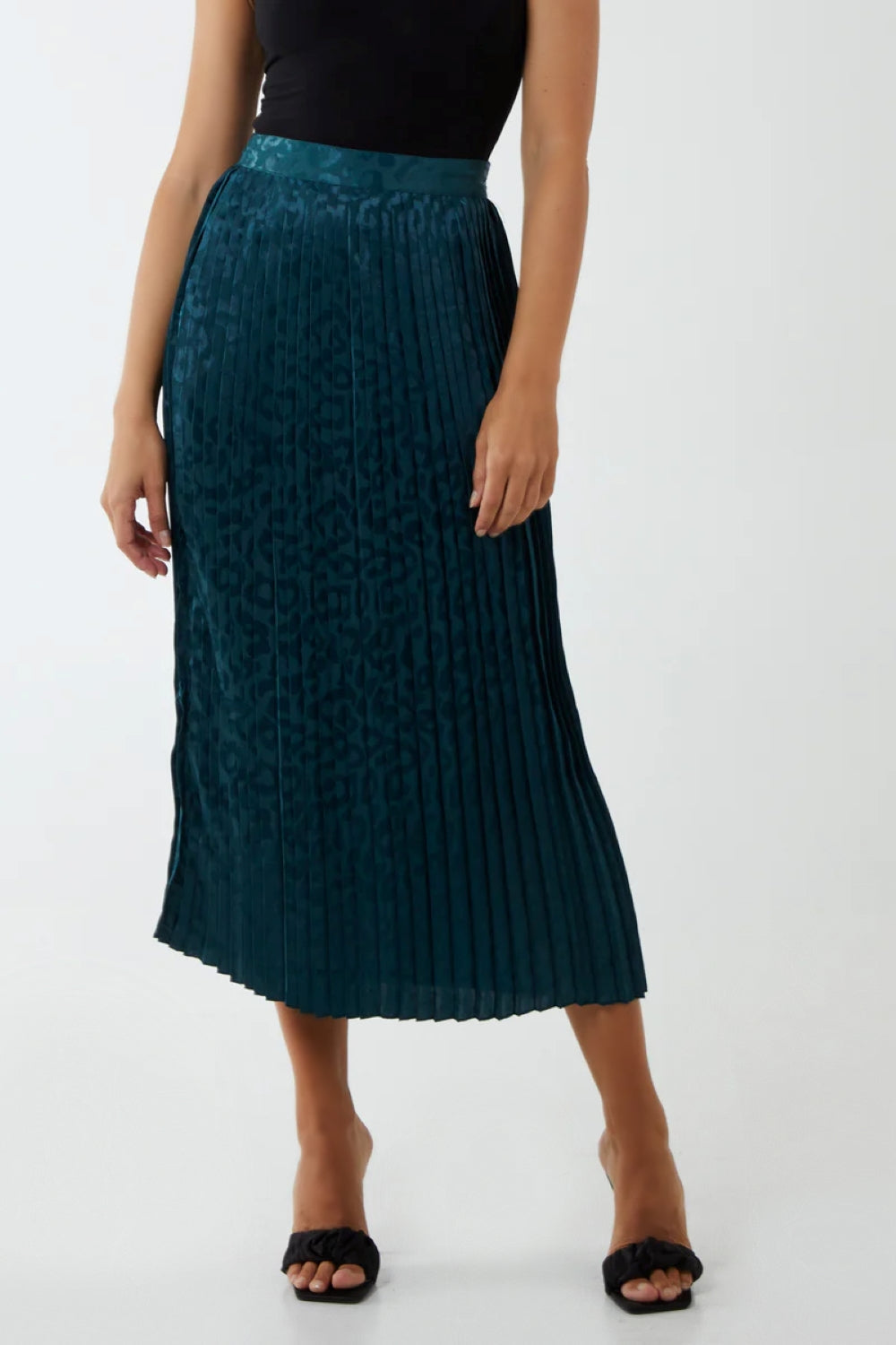 Green Leopard Print Pleated Midi Skirt-1