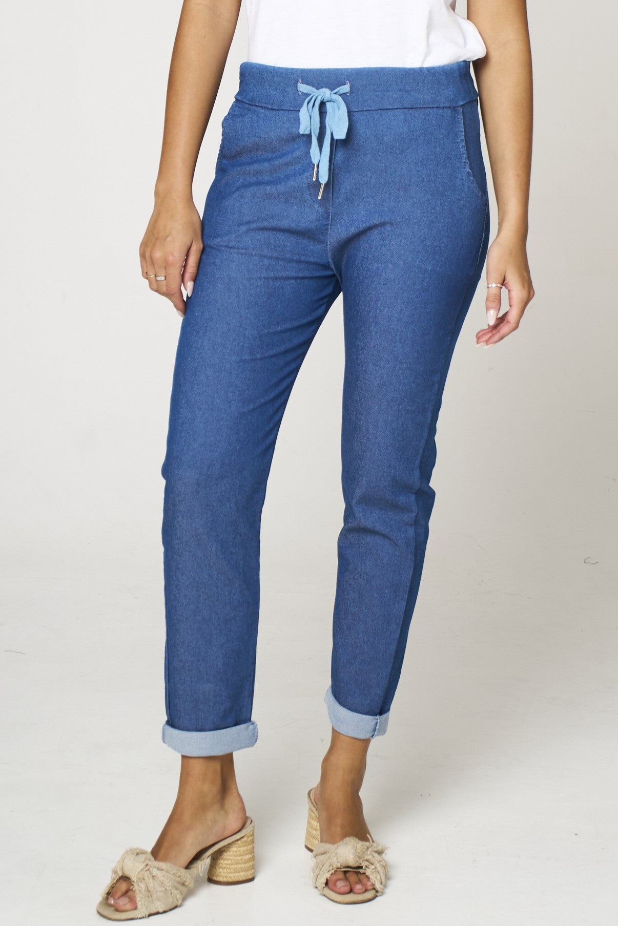 Denim Blue Stretch Drawstring Trousers-4