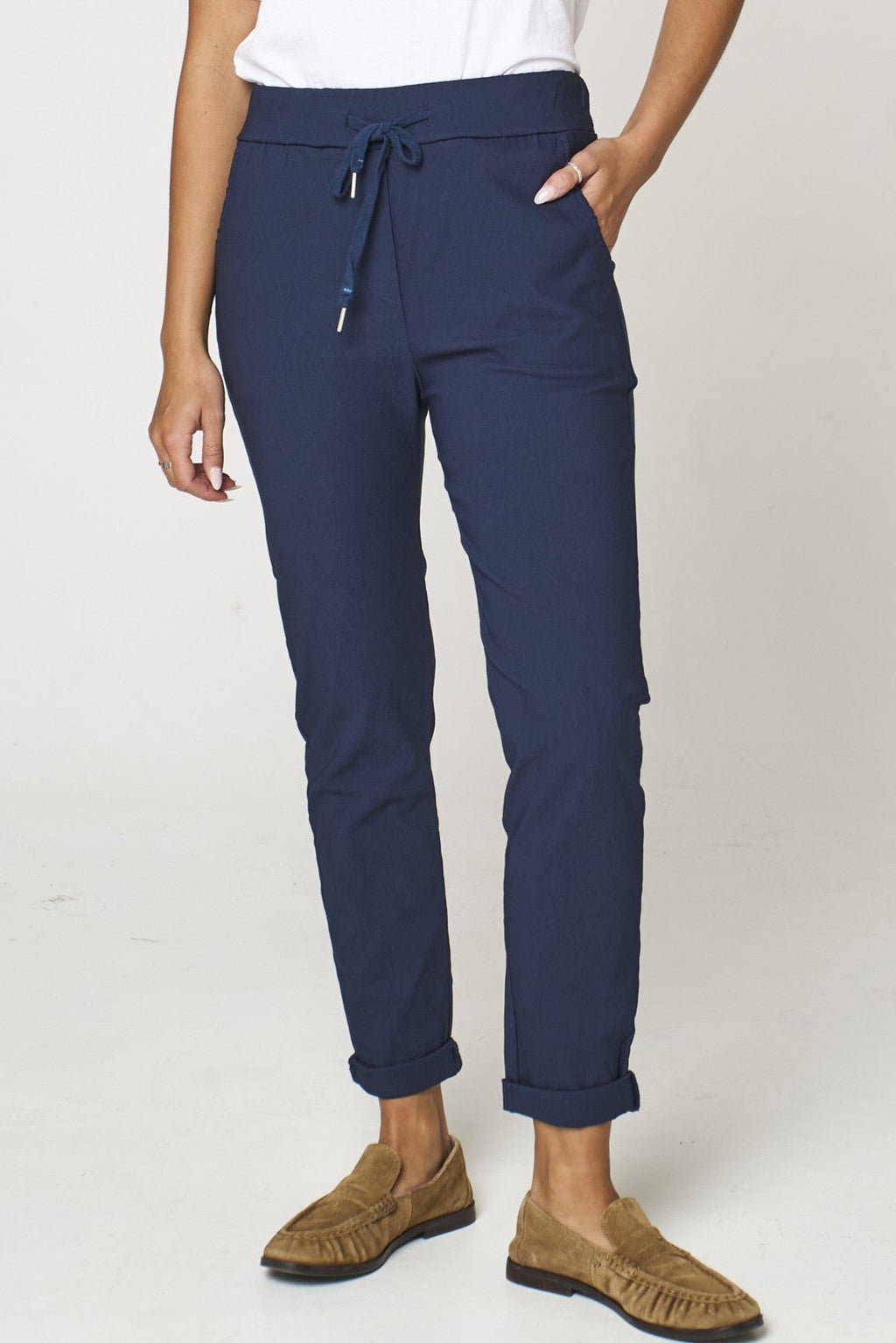 Navy Stretch Drawstring Trousers-2