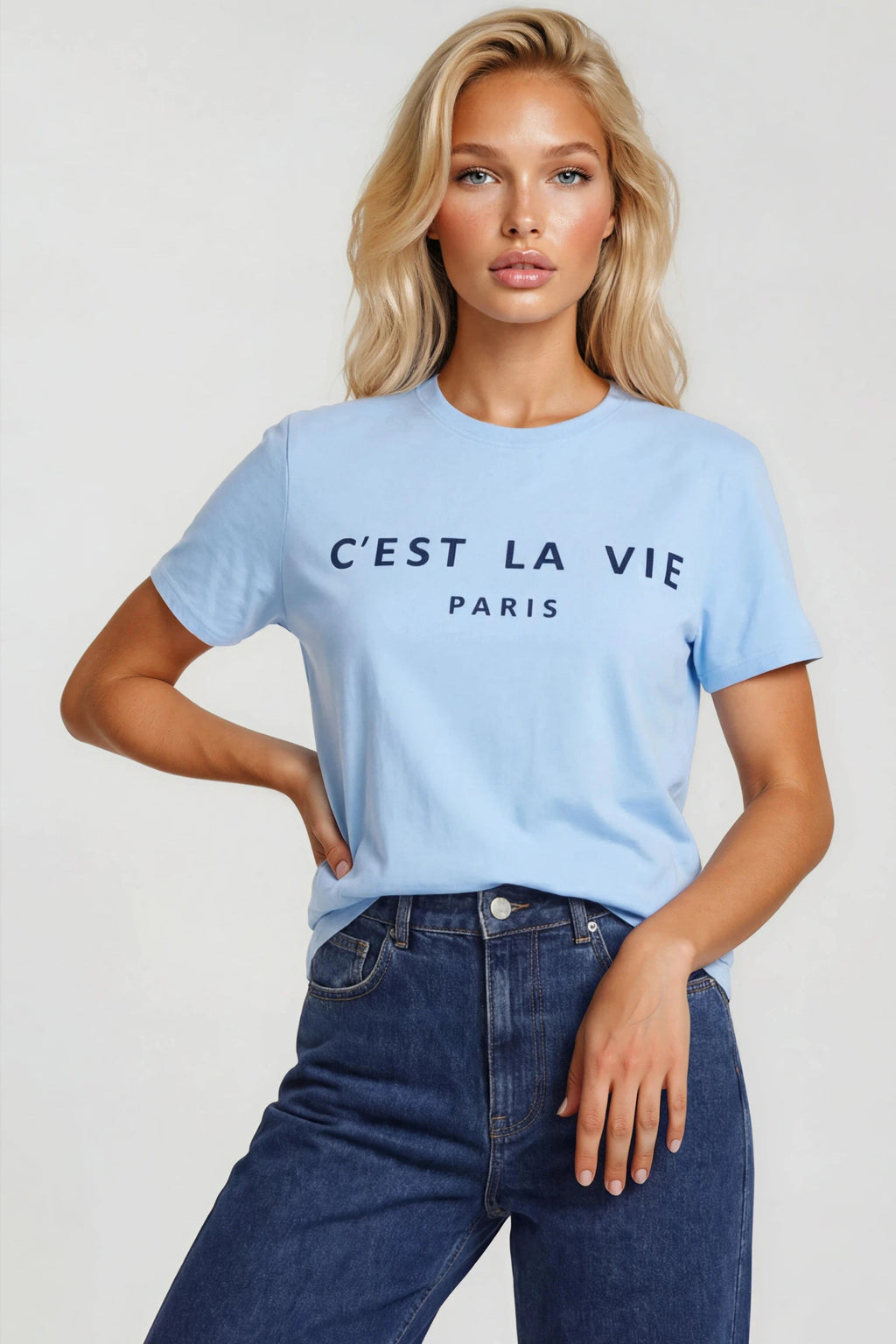 Light Blue C'est La Vie Short Sleeve Regular Fit T Shirt-0