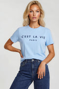 Light Blue C'est La Vie Short Sleeve Regular Fit T Shirt-0