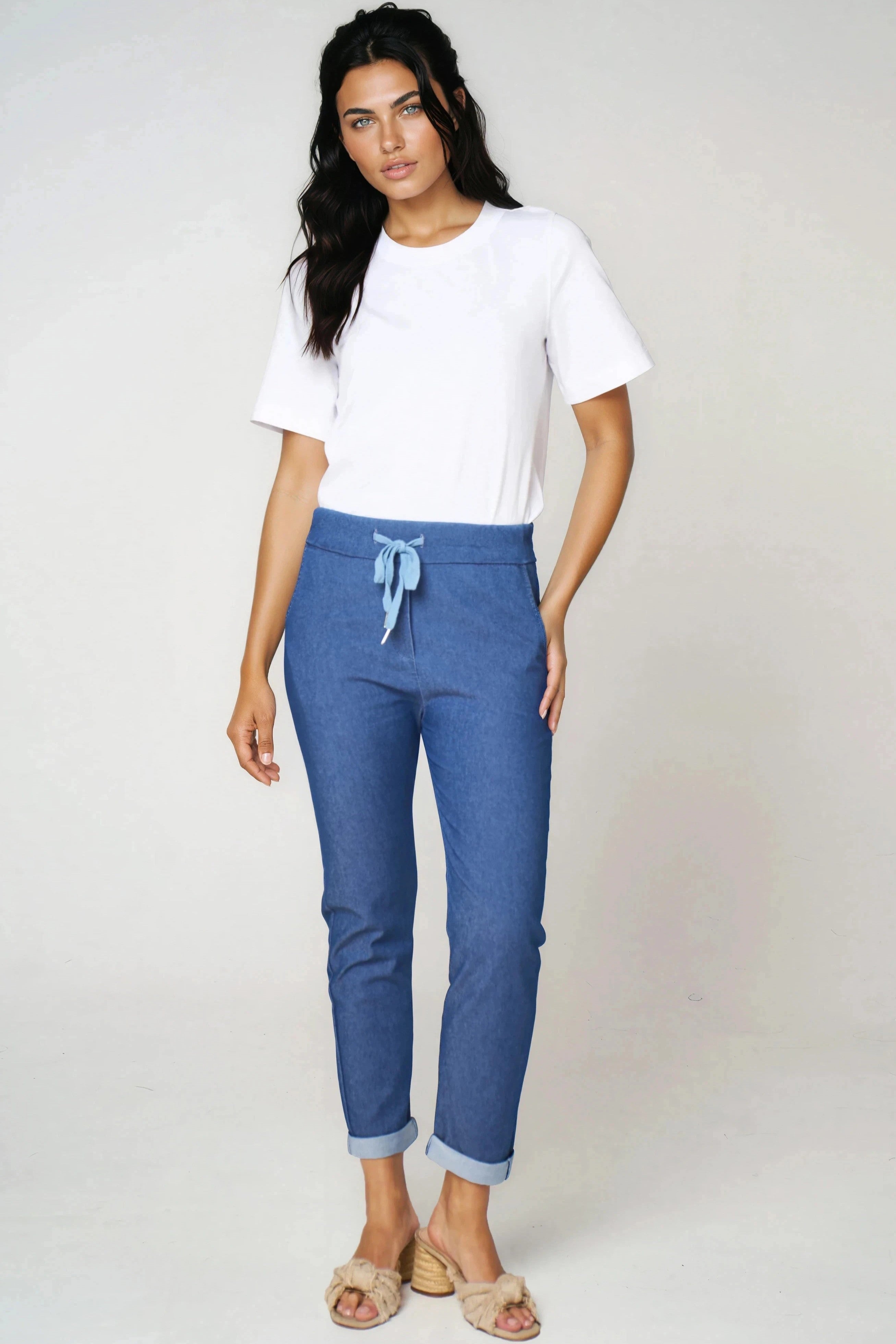 Denim Blue Stretch Drawstring Trousers-0