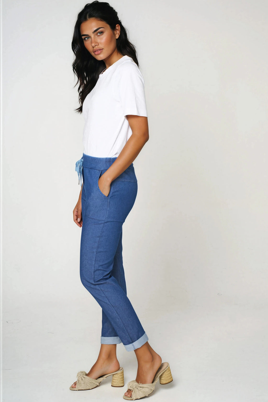 Denim Blue Stretch Drawstring Trousers-1