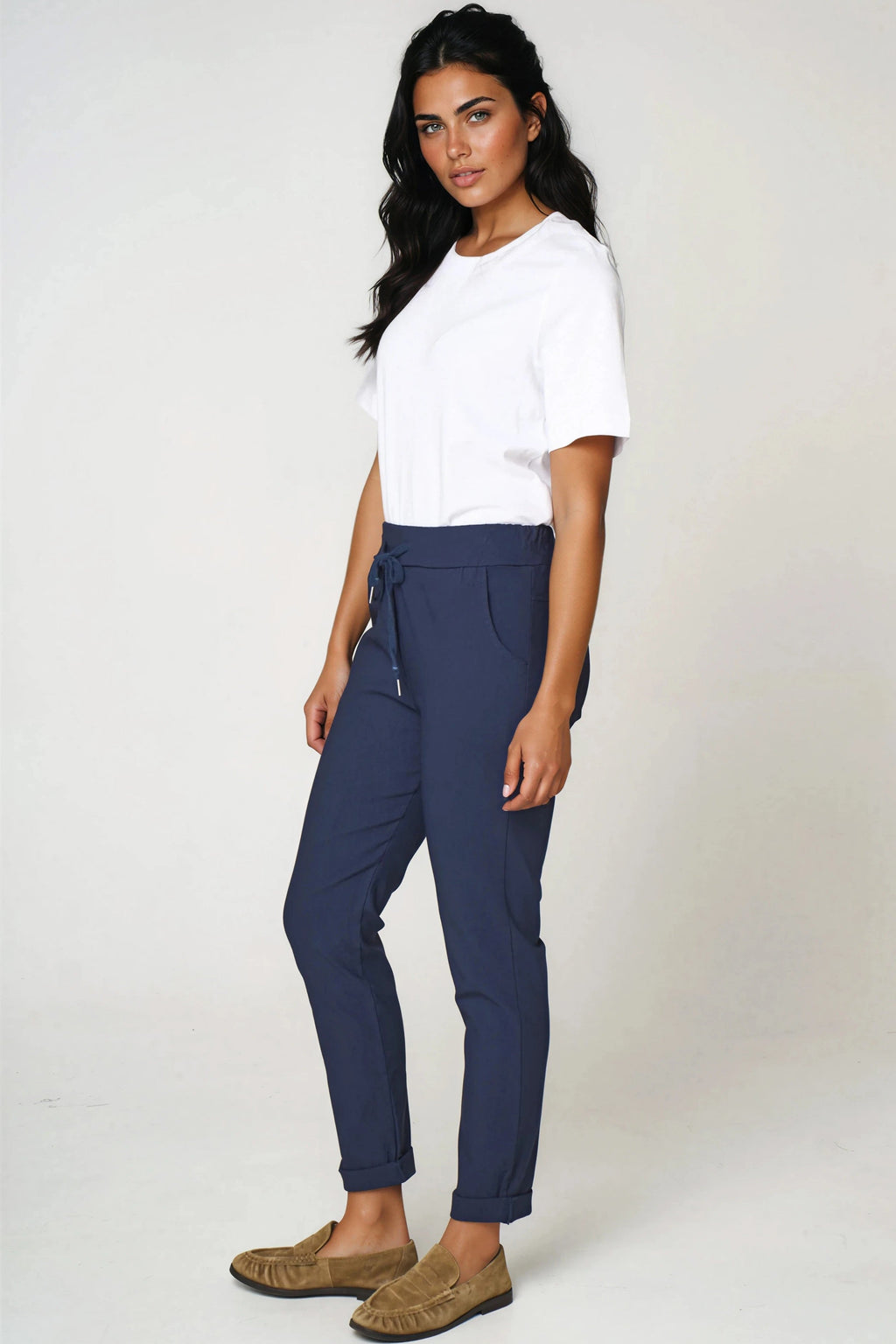 Navy Stretch Drawstring Trousers-1