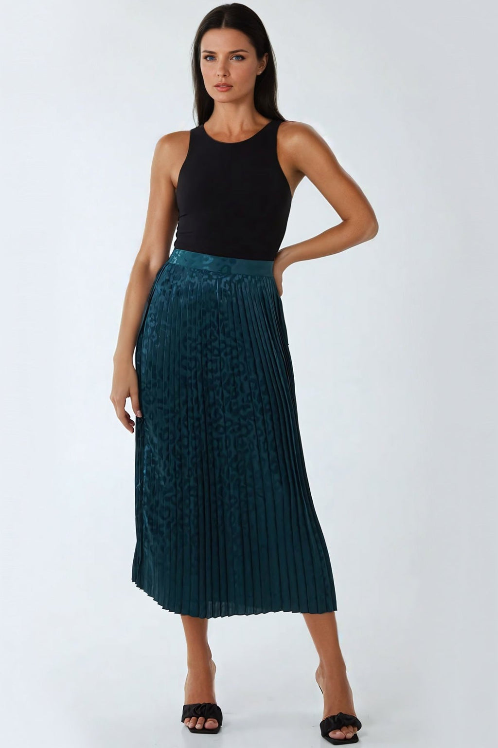 Green Leopard Print Pleated Midi Skirt-0