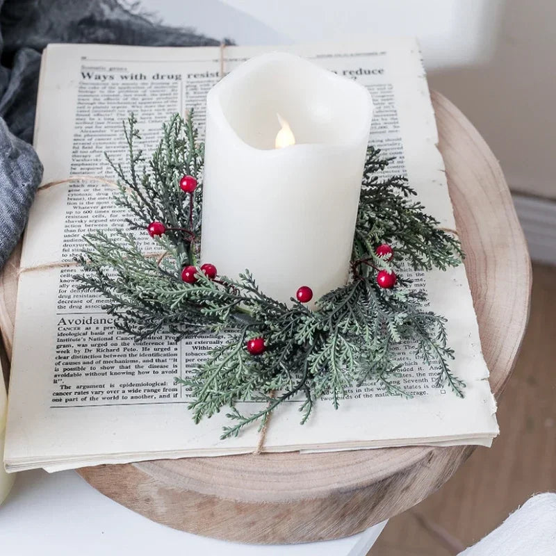 Artificial Christmas Candle Garland Ring with Red Fruits