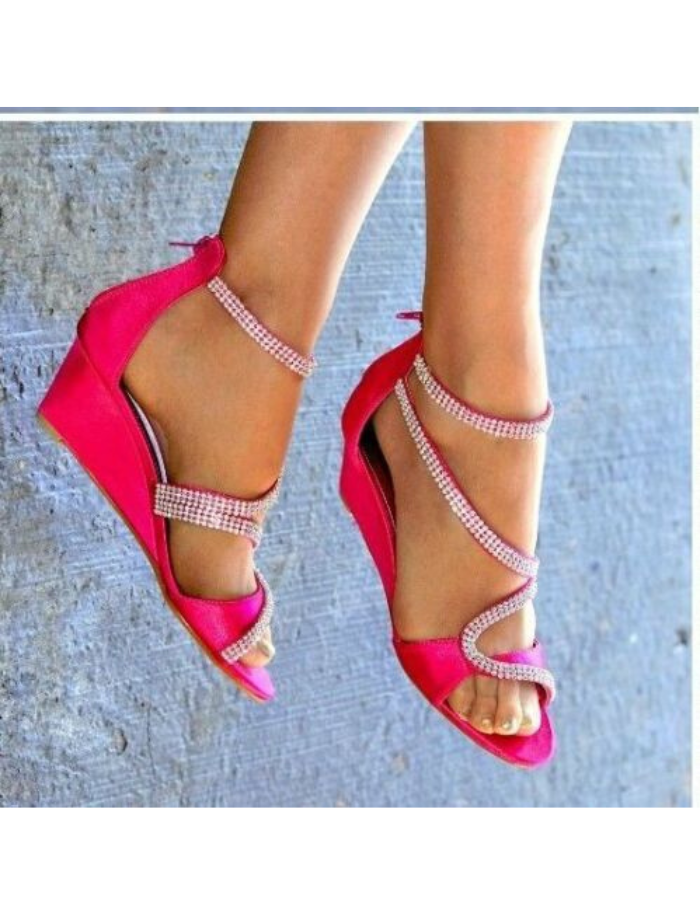 Ladies Satin Diamante Detail Low Mid Wedge Heel Peep Toe Strappy Shoes
