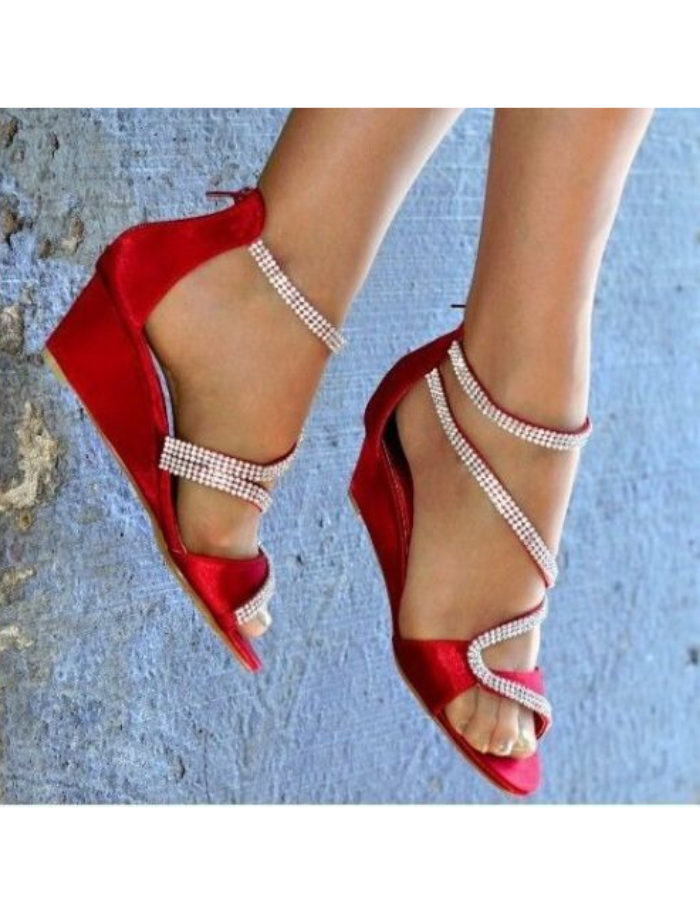 Ladies Satin Diamante Detail Low Mid Wedge Heel Peep Toe Strappy Shoes