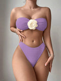 Solid Color Bikini with Embroidered Flowers, Two-Piece Swimsuit for Women