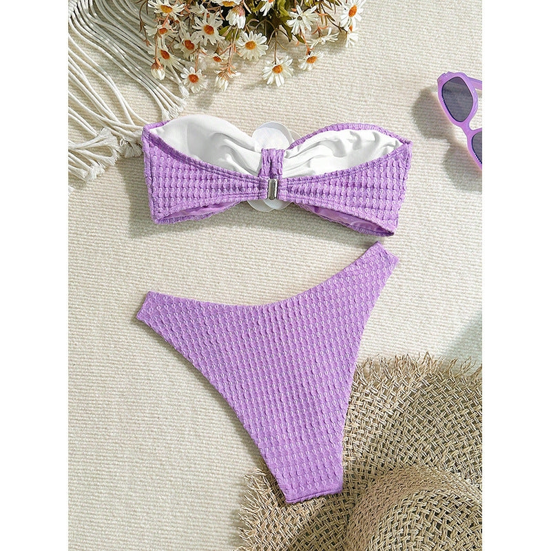 Solid Color Bikini with Embroidered Flowers, Two-Piece Swimsuit for Women