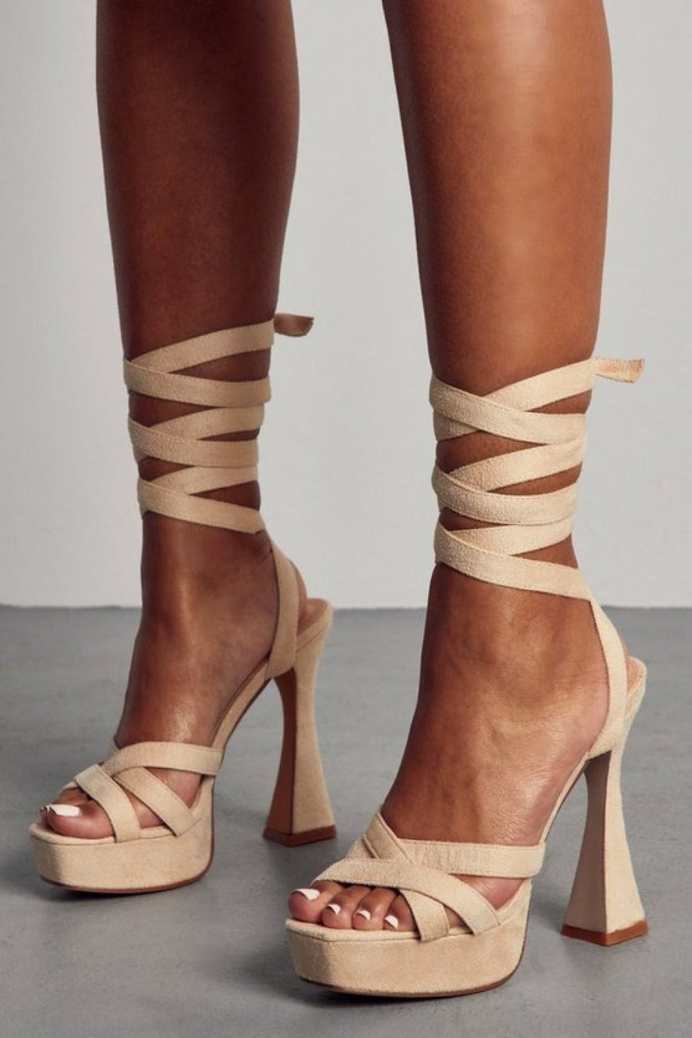 Women's Suede Platform Tie Up Flare Heels in Black and Nude - The Shoe Box Boutique