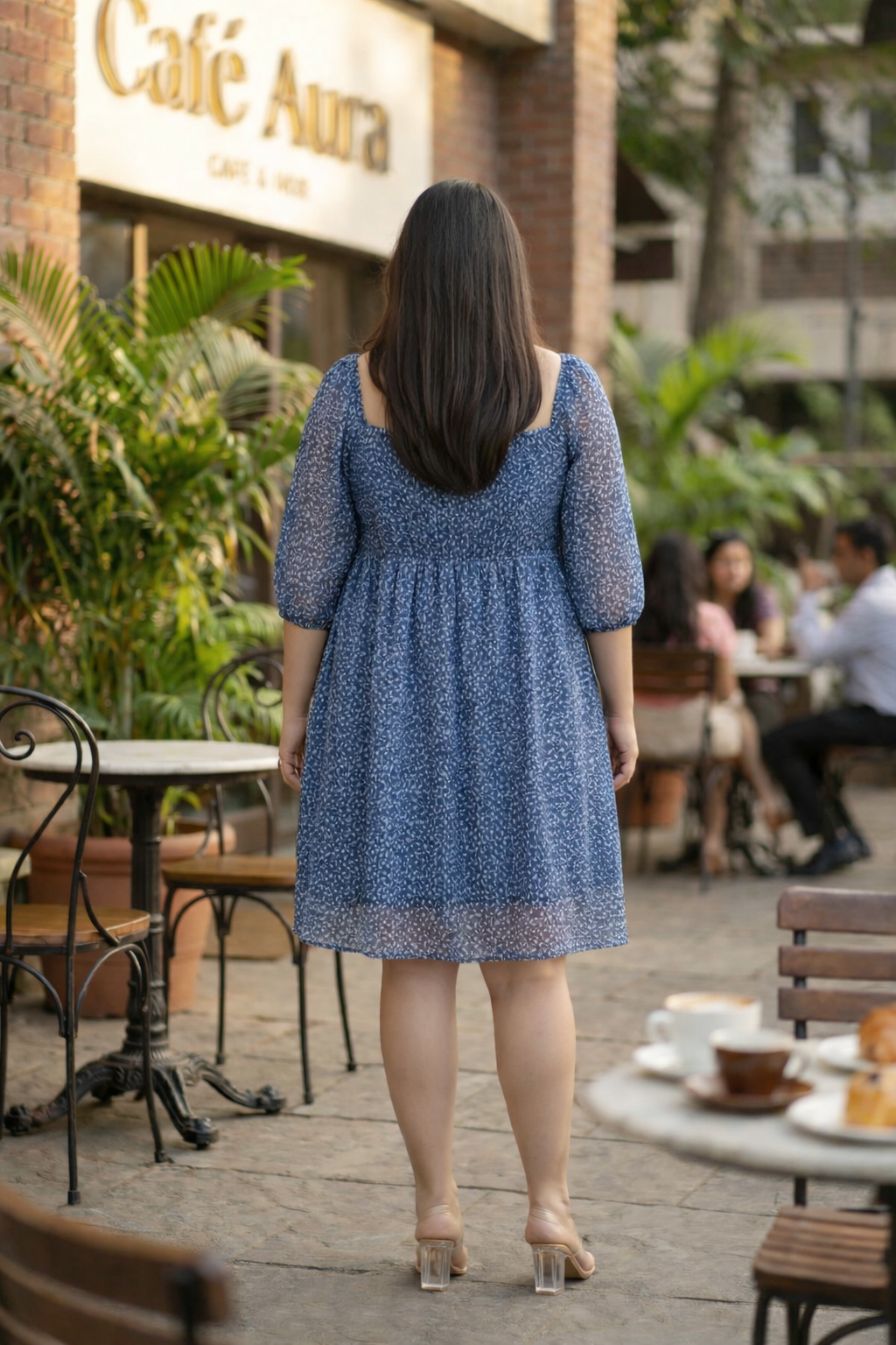 Blue Floral Printed Georgette Short Dress-3