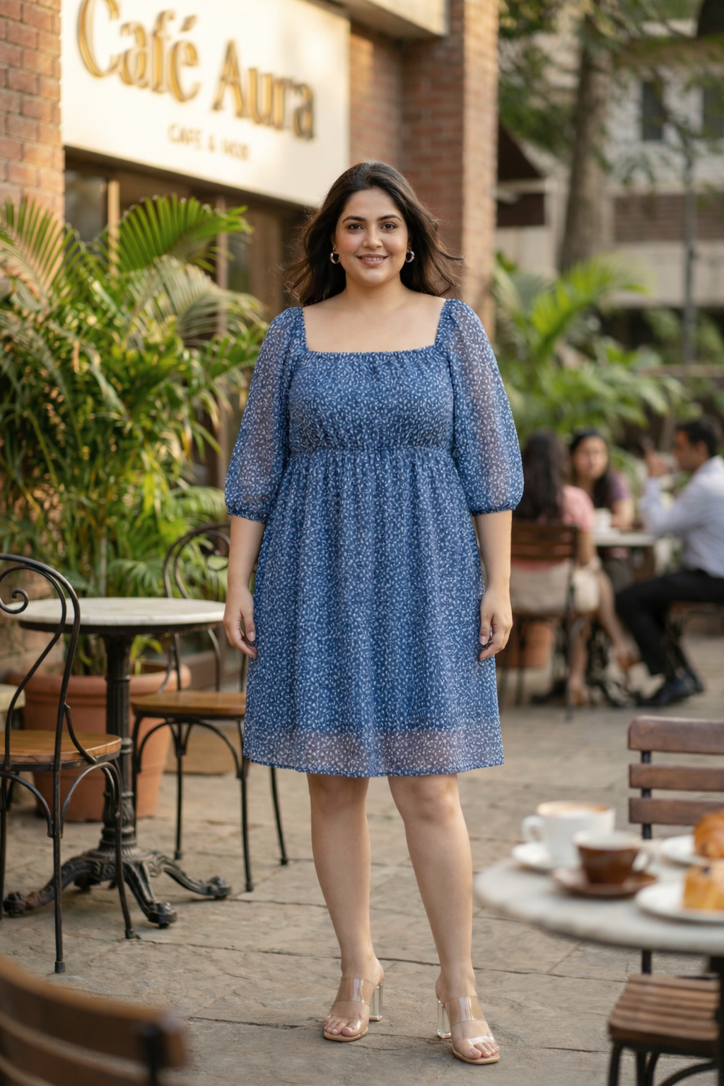 Blue Floral Printed Georgette Short Dress-0