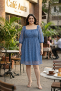 Blue Floral Printed Georgette Short Dress-0