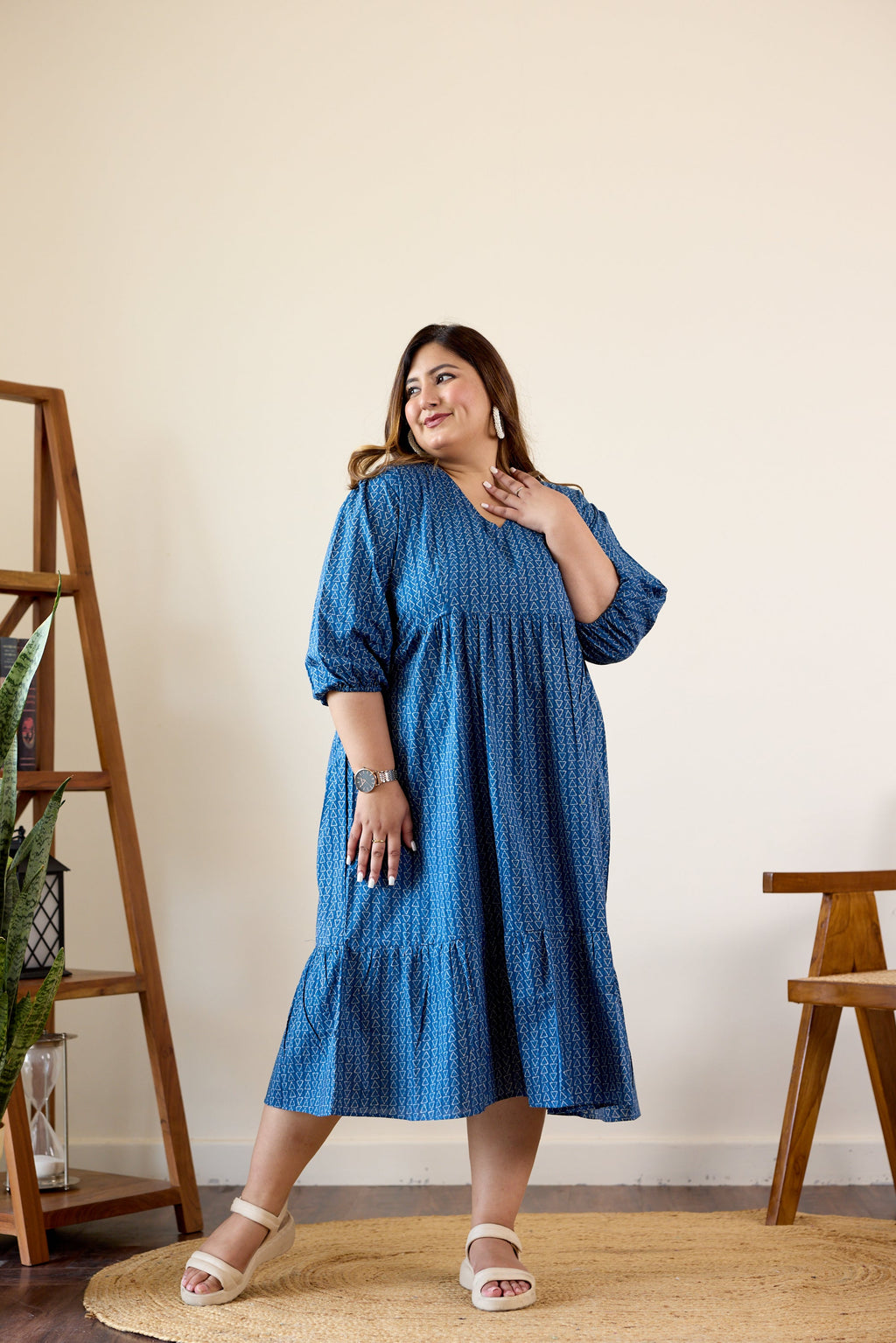 Blue Geometric Print Tiered Dress-0
