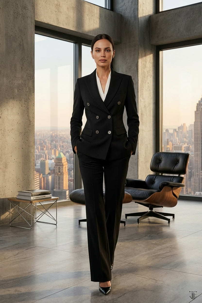 Double breasted pantsuit or skirt suit in black-0