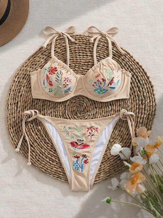 Flower embroidery steel holder gathers swimsuit