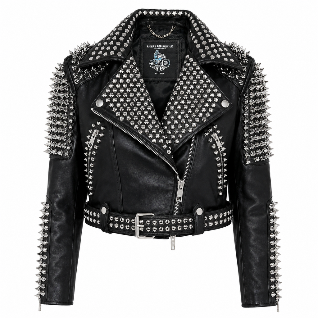 Women’s Silver Studded Punk Rock Biker Jacket Leather