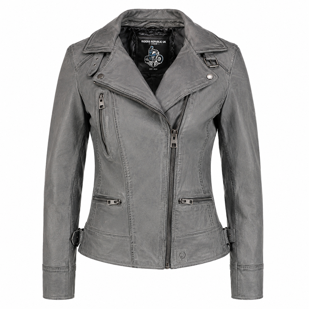 Women’s Elegant Gray Motorcycle Fashion Leather Jacket